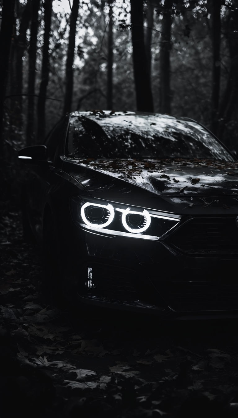 Mysterious Black Car with Illuminated Headlights in Forest Night Scene Art