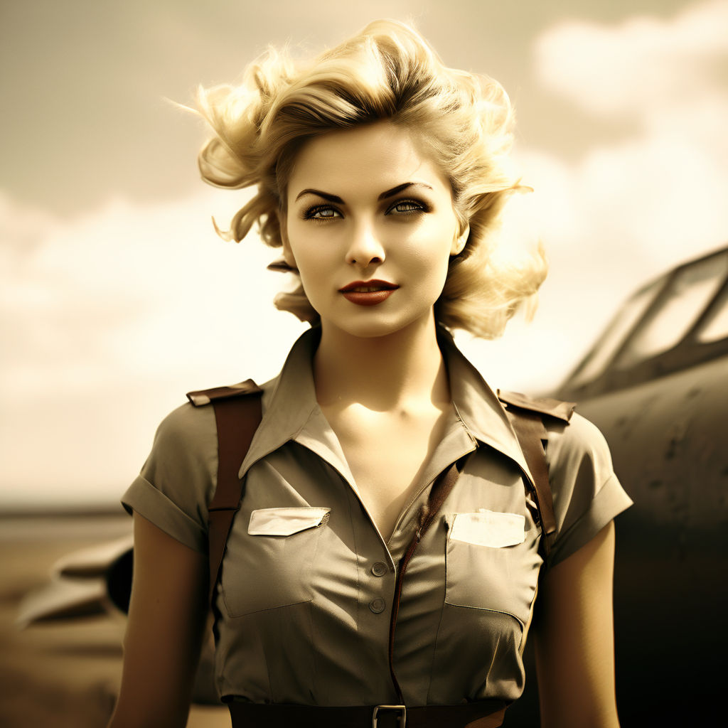 A blonde curvy woman with blue eyes working on a WWII style plane.