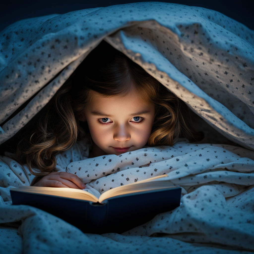 A little girl hiding under the covers at night and reading a... by