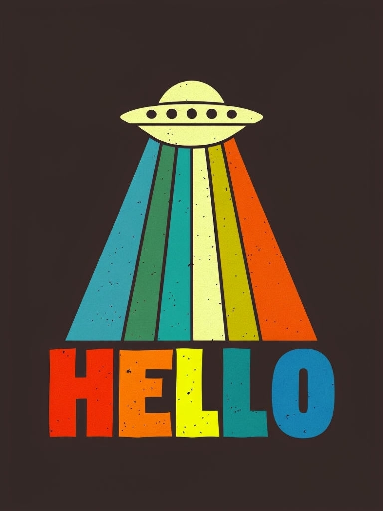 Vibrant Retro Hello Graphic Design with UFO Illustration Poster