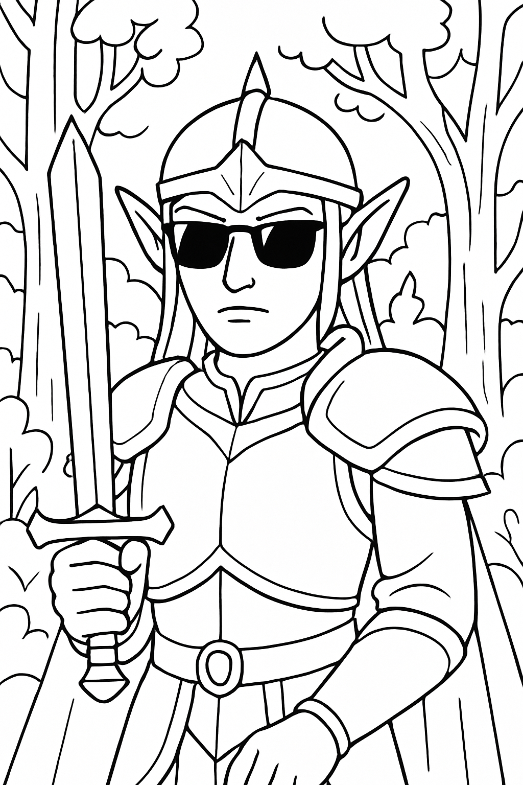 Heroic Elf Warrior with Sword in Forest Scene Coloring Book Page
