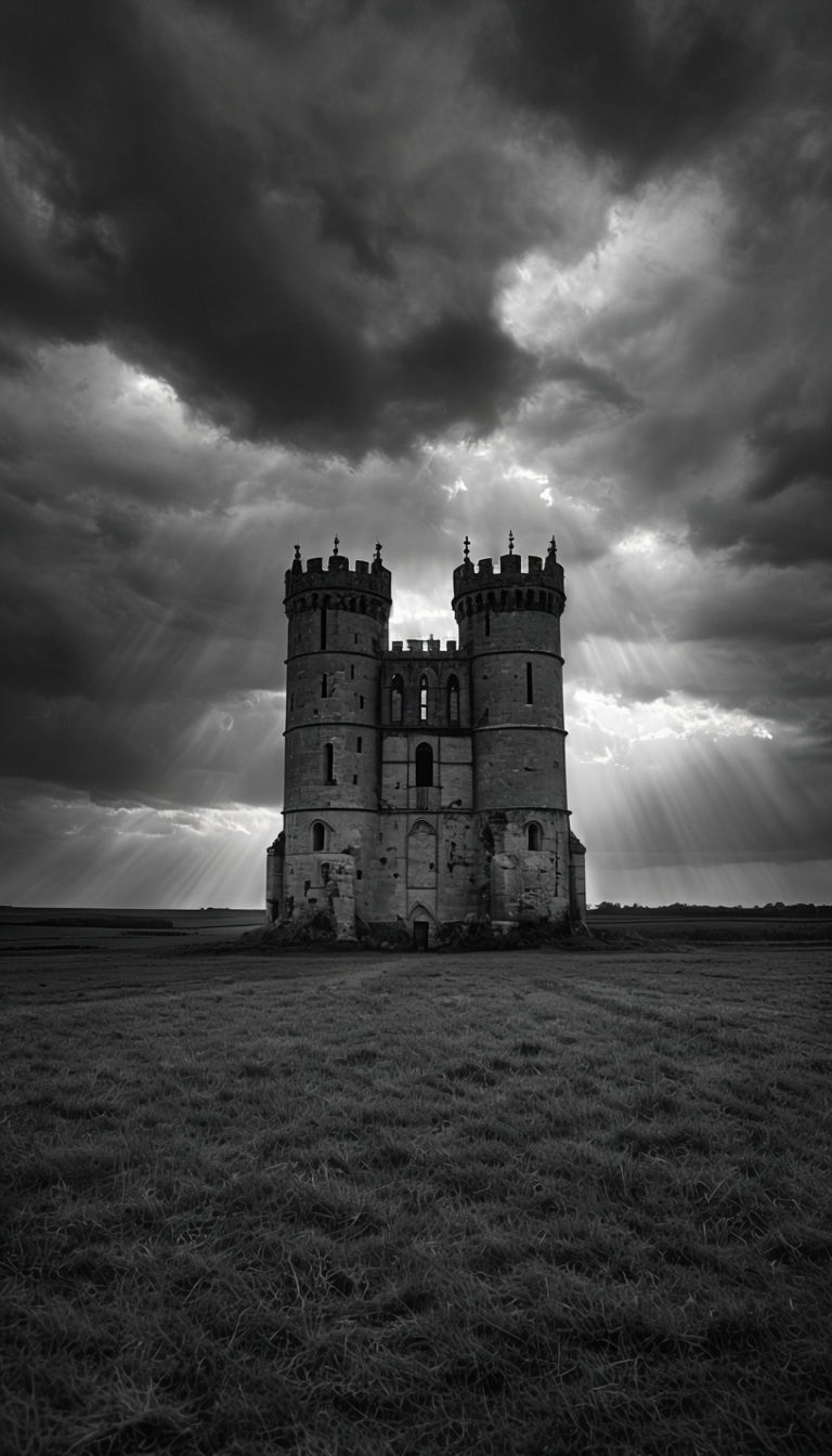Dramatic Black and White Stone Tower Under Ominous Clouds Mobile Wallpaper