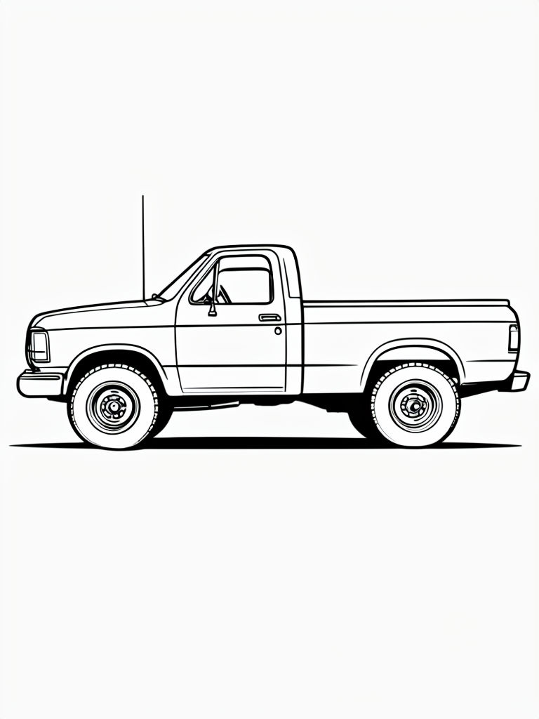 Pickup Truck Side Profile Line Drawing for Coloring Book Pages