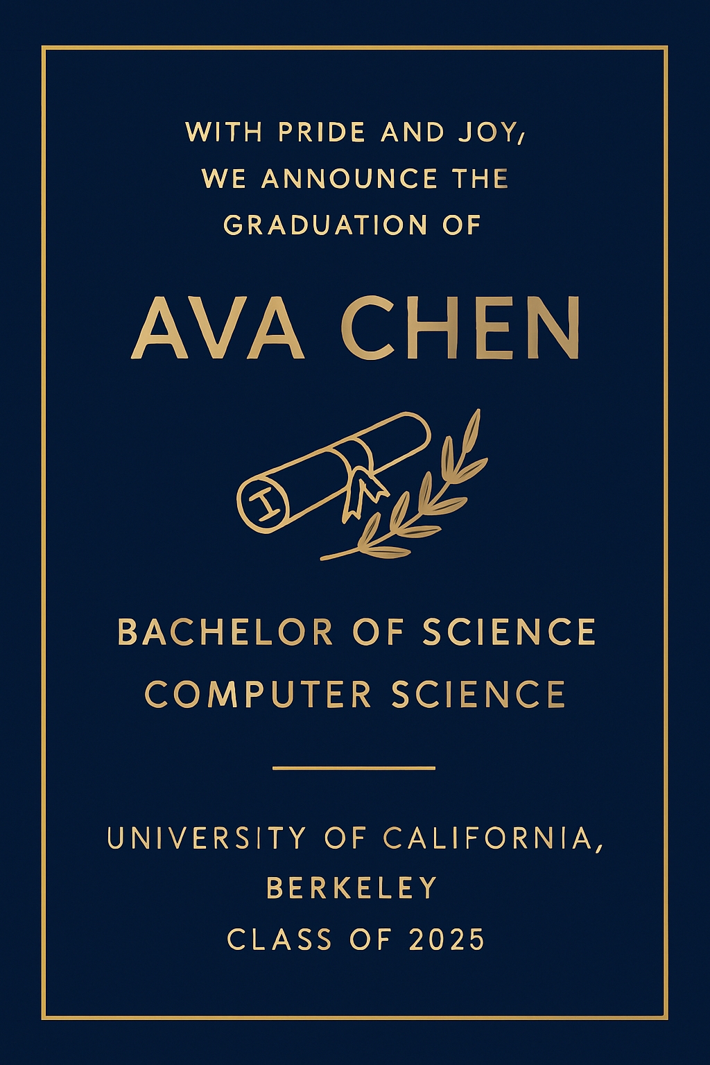 Elegant Navy Blue Graduation Announcement Poster for Ava Chen Card