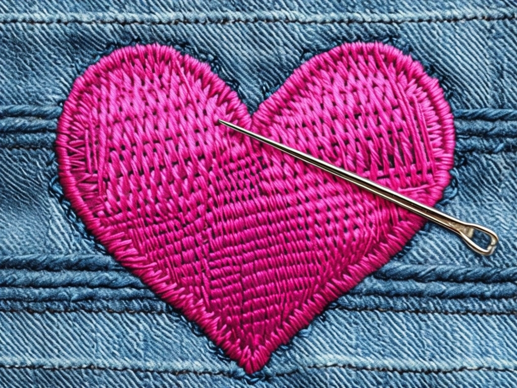 Vibrant Pink Heart Embroidery on Denim Fabric Card Design