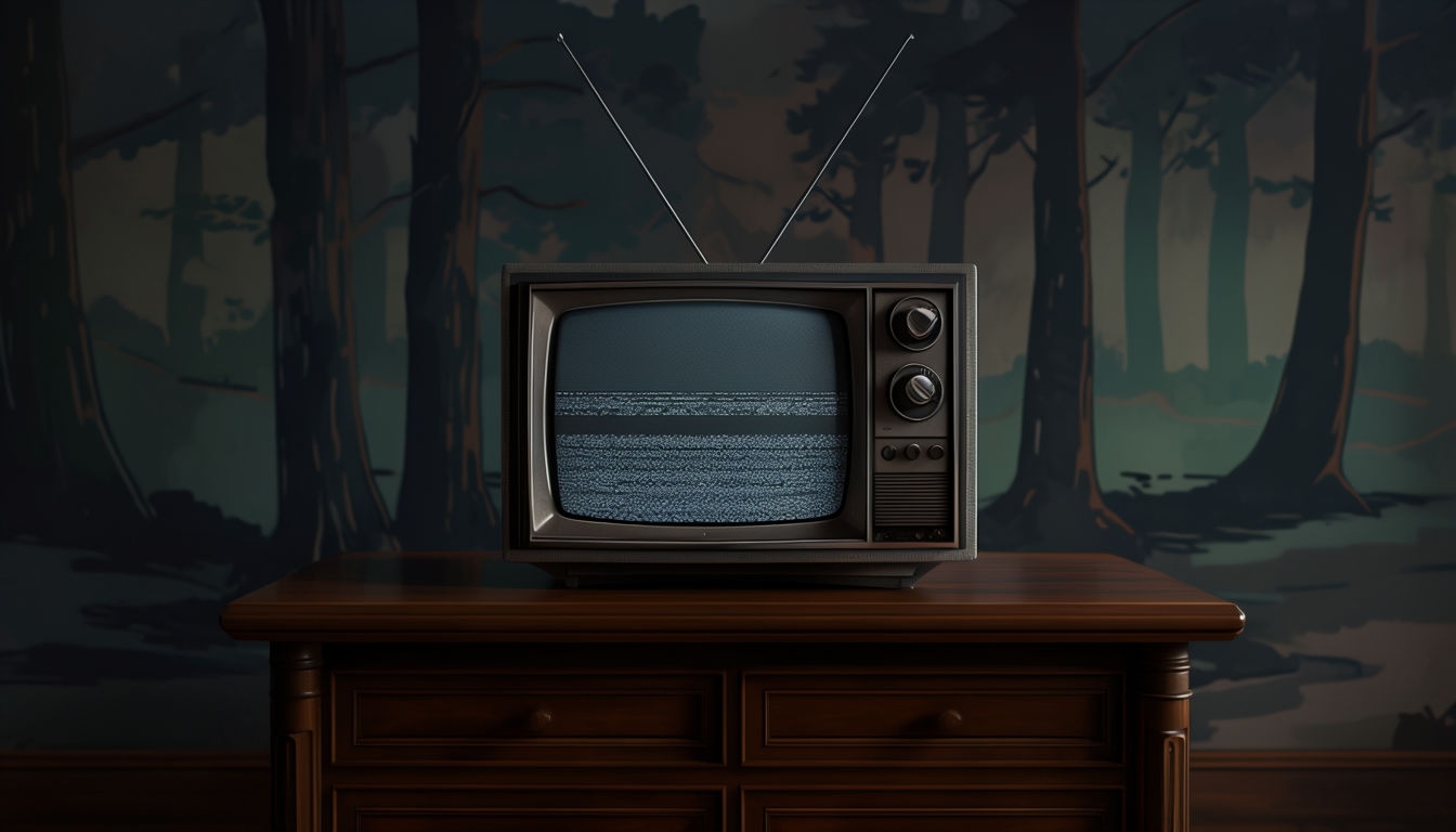 Eerie Vintage Television Scene with Wooded Background Virtual Backgrounds