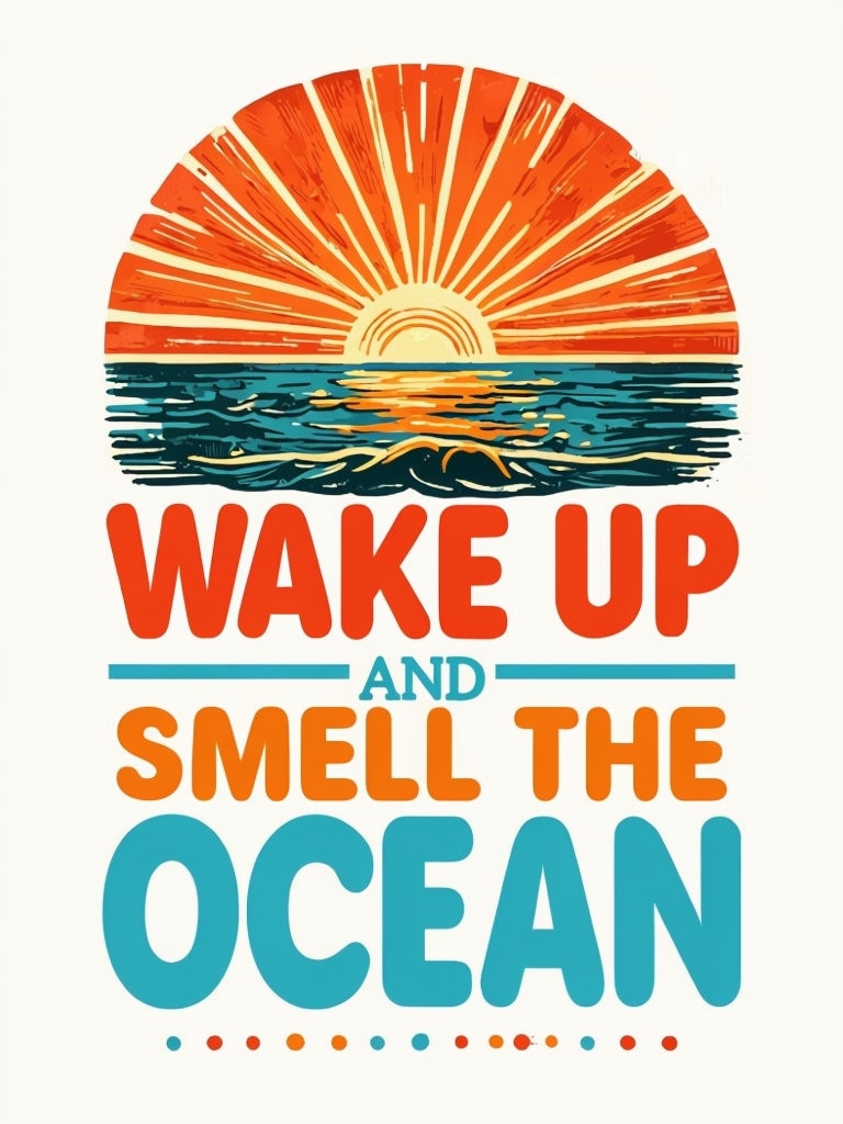 Vintage Sunrise Over Ocean with Wake Up Phrase Poster