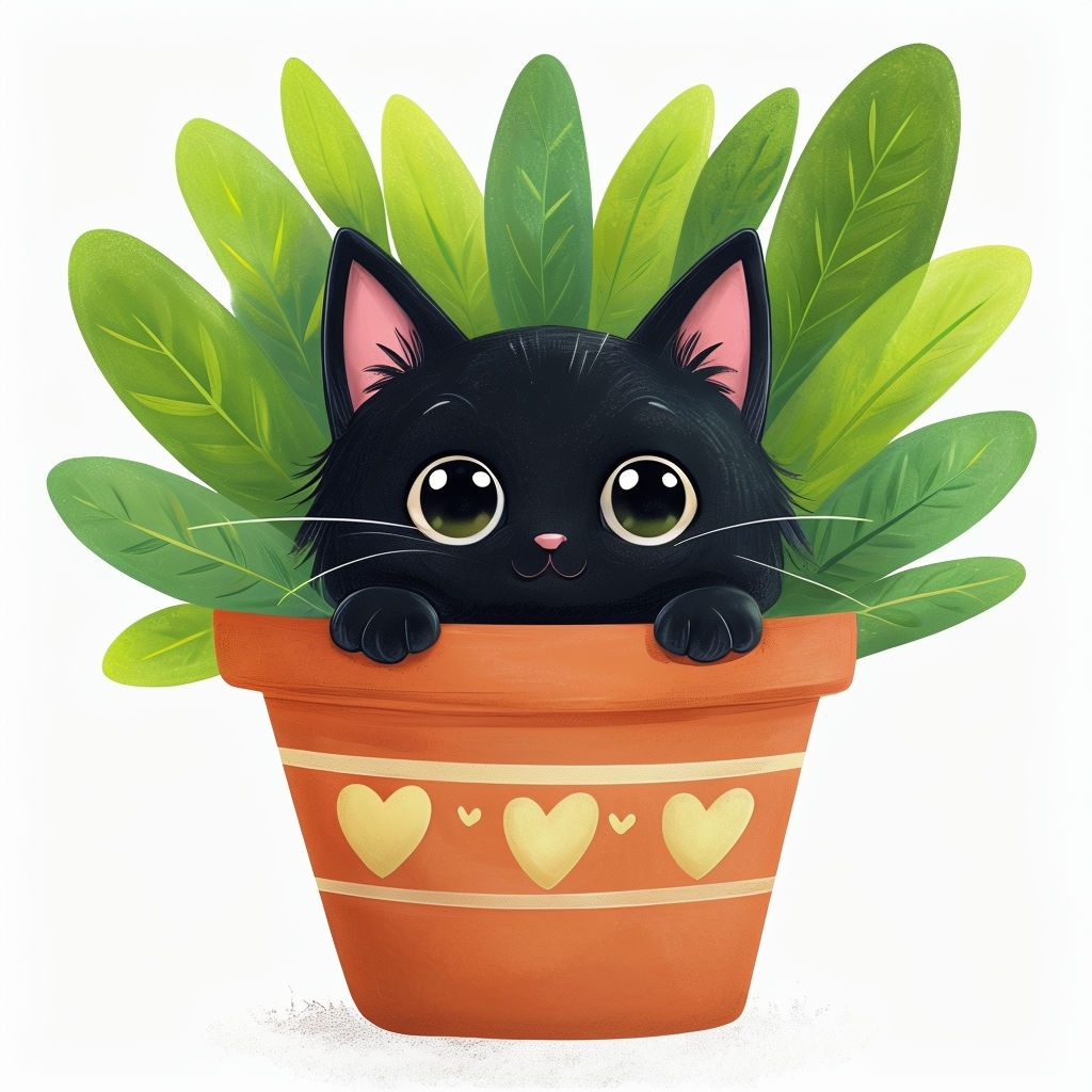 Whimsical Cartoon Black Cat Peeking from Terracotta Pot Sticker