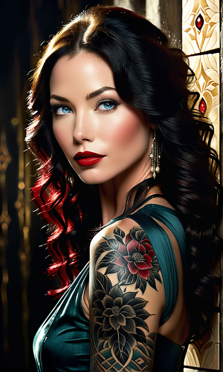 her tattooed arms highlighted as she smiles coyly. Bright blue eyes twinkle  with mischief under the artistry of professional makeup