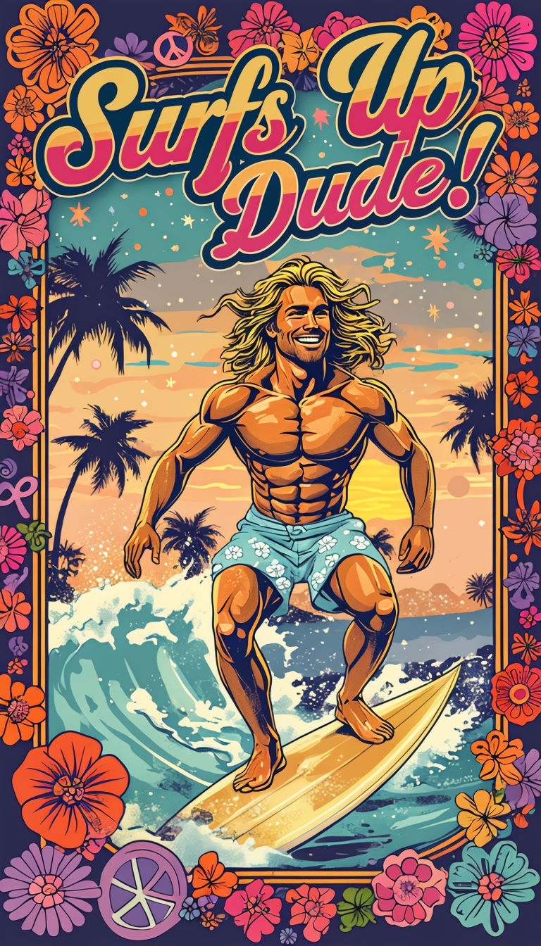 Vibrant Retro Surfer Riding Wave with Tropical Sunset Poster - Playground