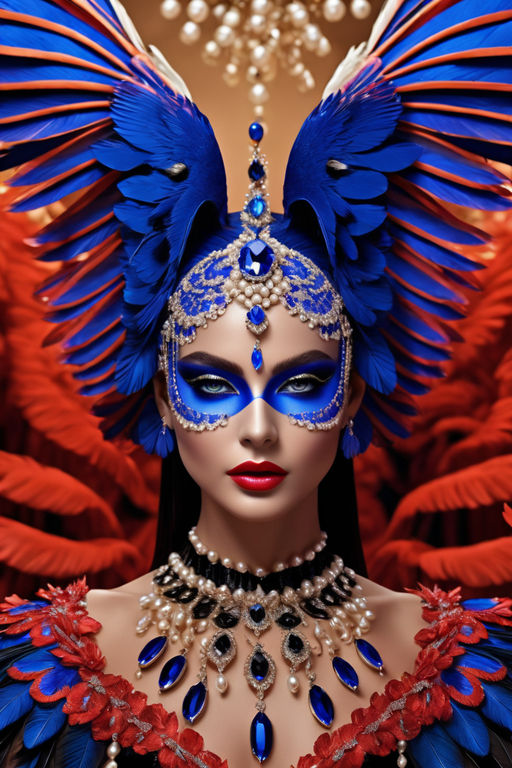 Acrylic, plexiglass Exquisite carnival mask adorned with vibrant feathers  against a shimmering golden backdrop. A glamorous design evoking the  essence of the Venice carnival. Generative AI, ID 658805290