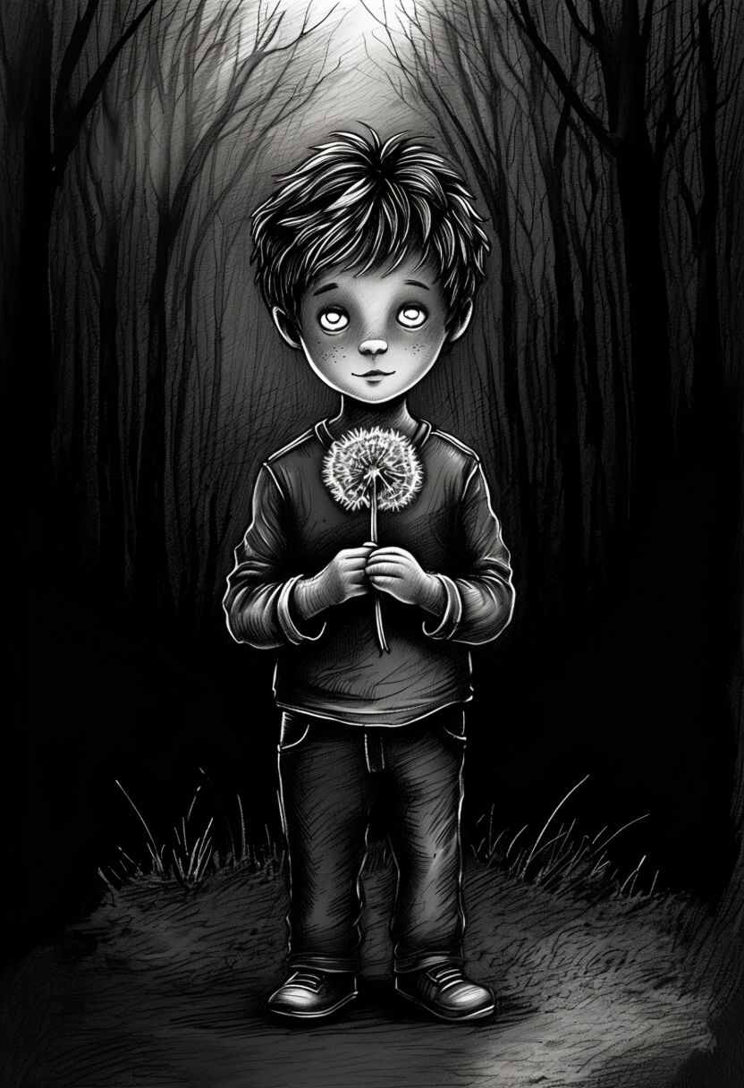 Serene Black-and-White Young Boy with Dandelion Forest Art