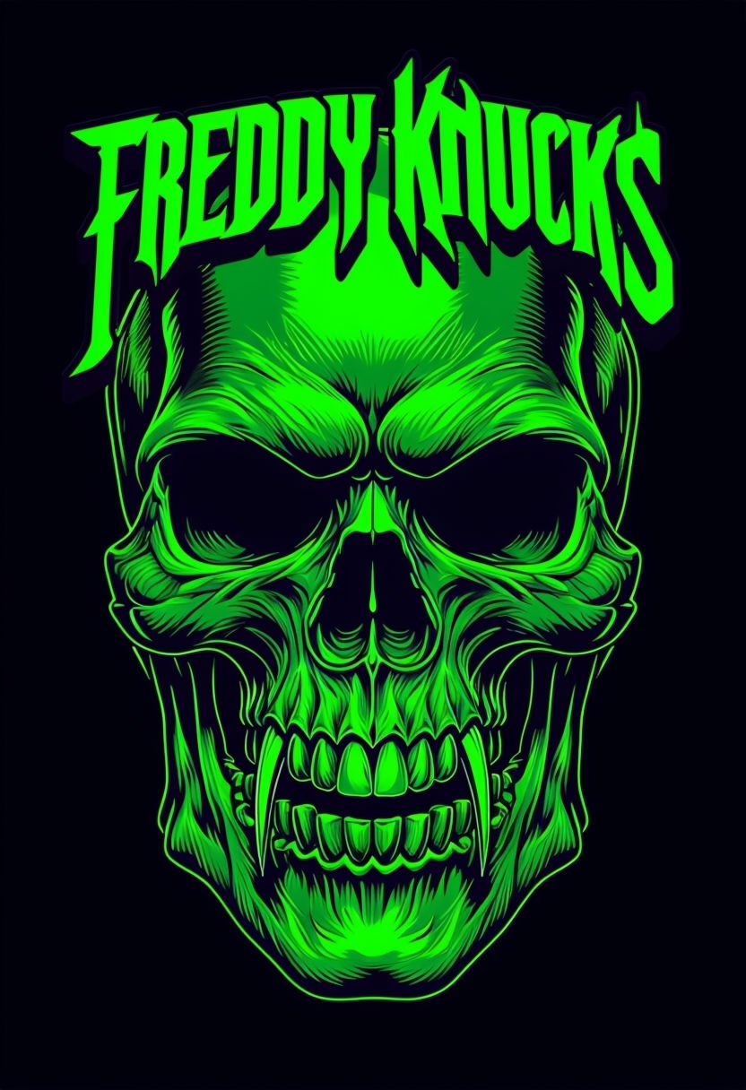Neon Green Skull Design with Freddy Knucks Gothic Text T-shirt