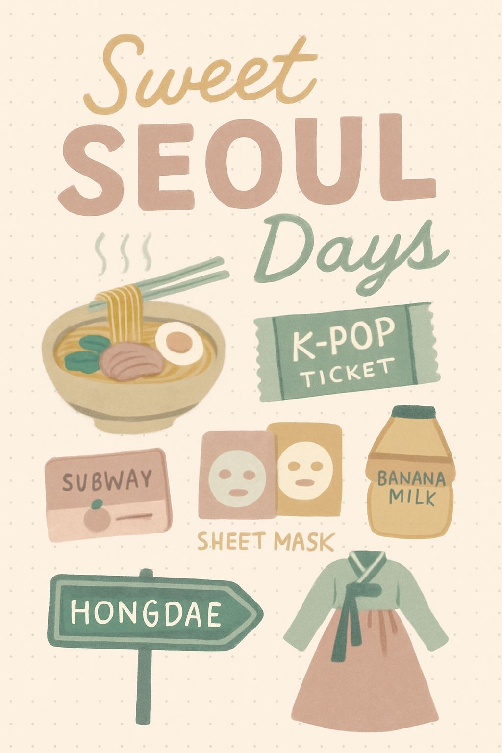 Whimsical Seoul Days Illustration with Cultural Symbols Poster