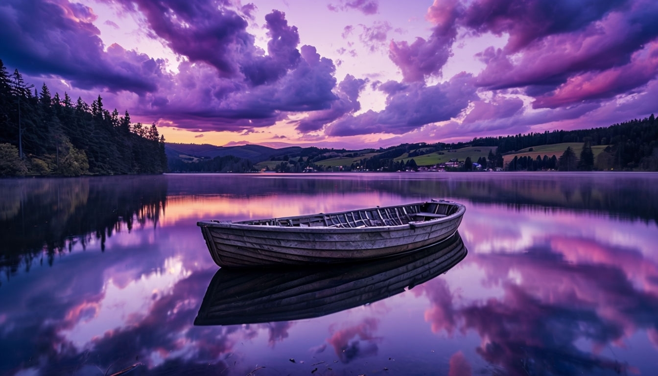 Serene Twilight Landscape with Abandoned Rowboat Virtual Backgrounds