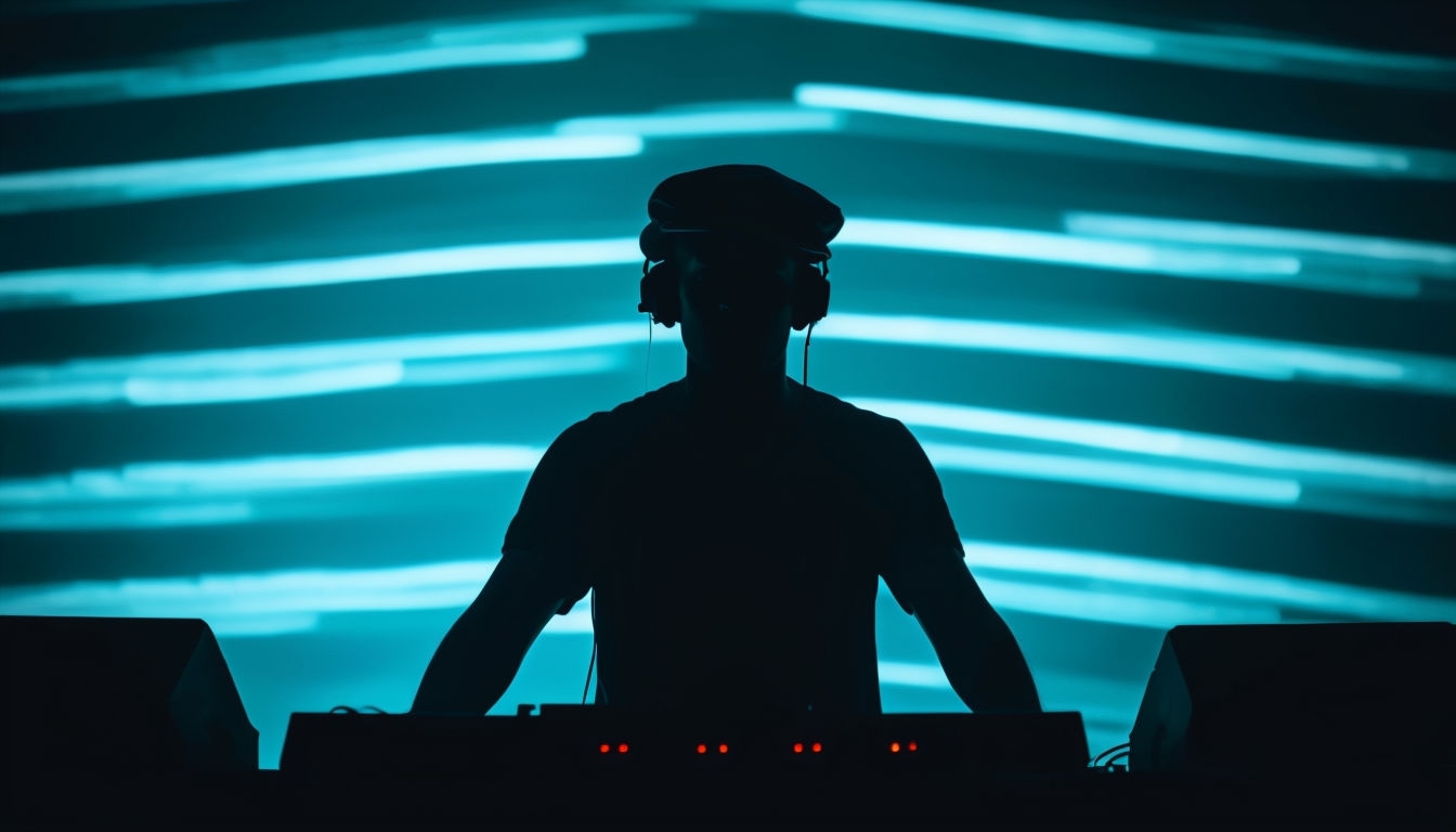 Mysterious DJ Silhouette with Striped Background Image for Virtual Backgrounds