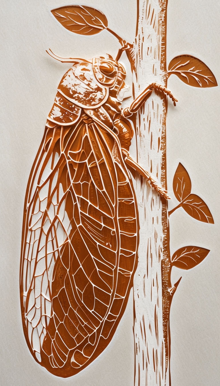 Detailed Cicada Shell Woodblock Print on Textured Paper Art