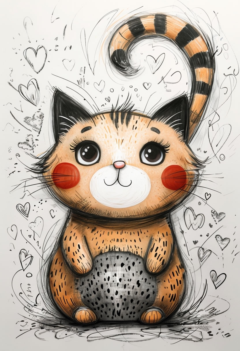 Adorable Whimsical Cat Illustration with Hearts Sticker