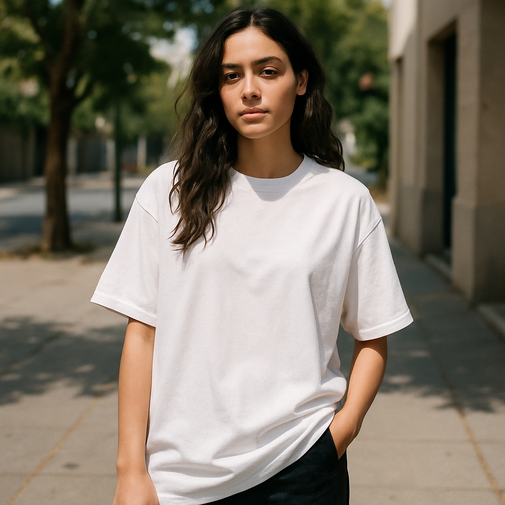Confident Young Woman in Casual White T-Shirt Urban Mockup