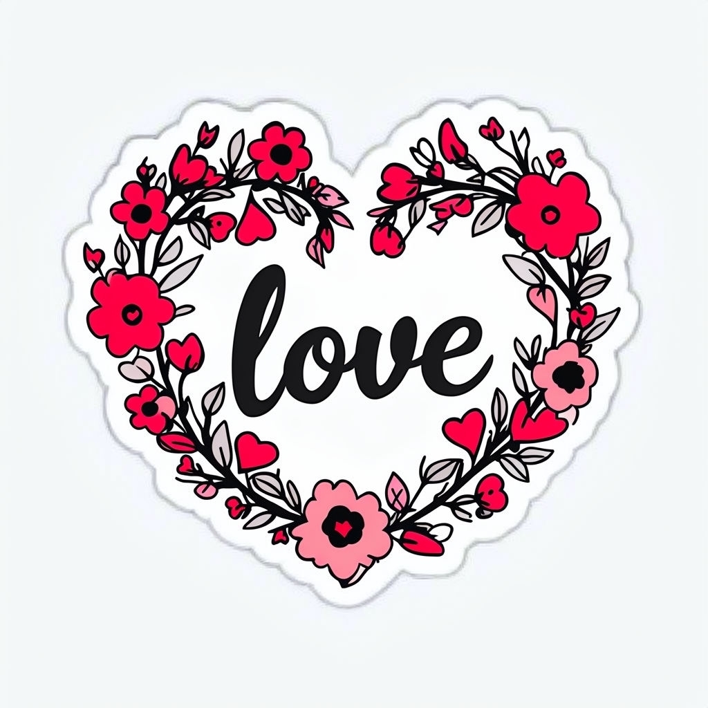 Floral Heart Wreath with Love Text Romantic Sticker