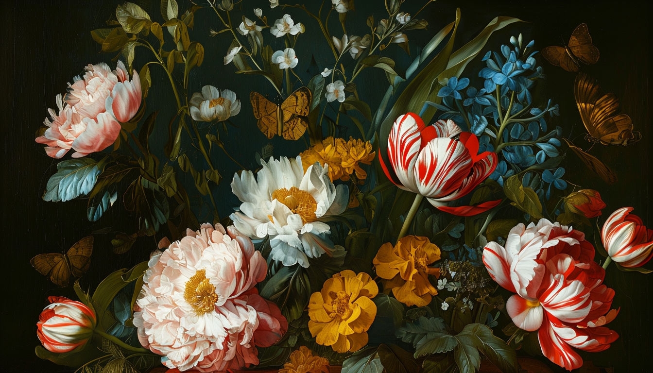 Dramatic Dutch Golden Age Floral Still Life Background Art
