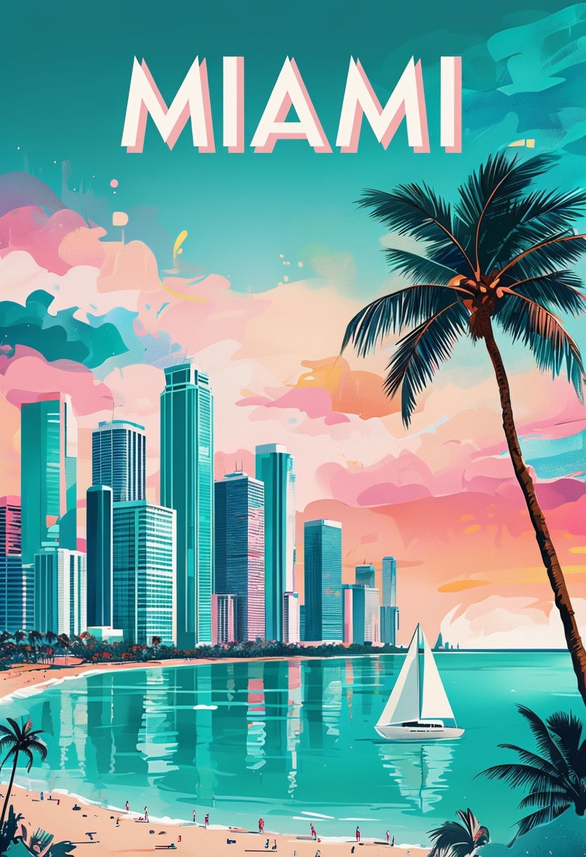 Vibrant Miami Beach Tropical Scene with City Skyline Poster