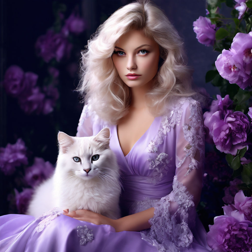 Black cat with sparkly purple dress smoking