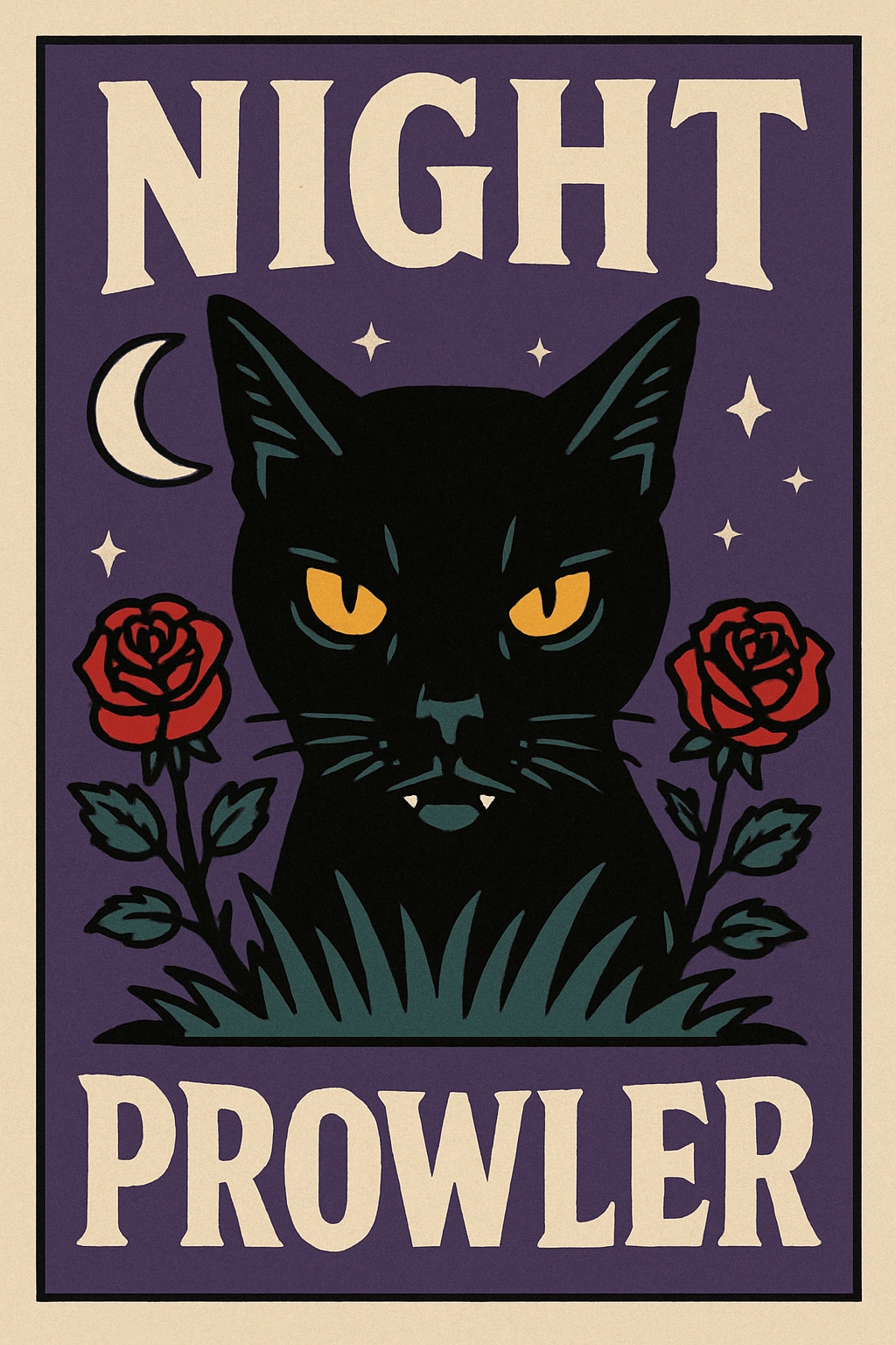 Vintage Black Cat with Roses and Moon Gothic Art Poster