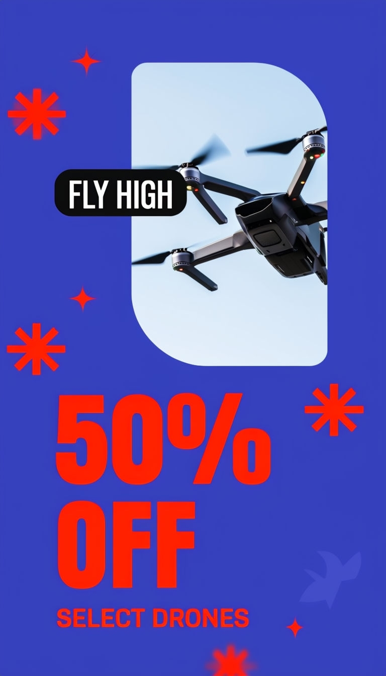 Eye-Catching Drone Ad with 50% Off Offer and Vibrant Design Ads