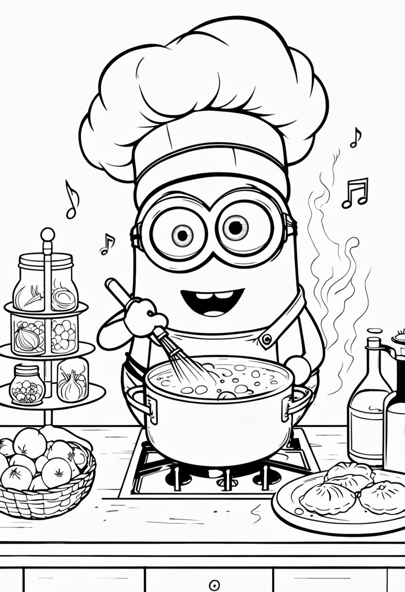 Cheerful Cartoon Minion Chef Cooking in Kitchen Coloring Page