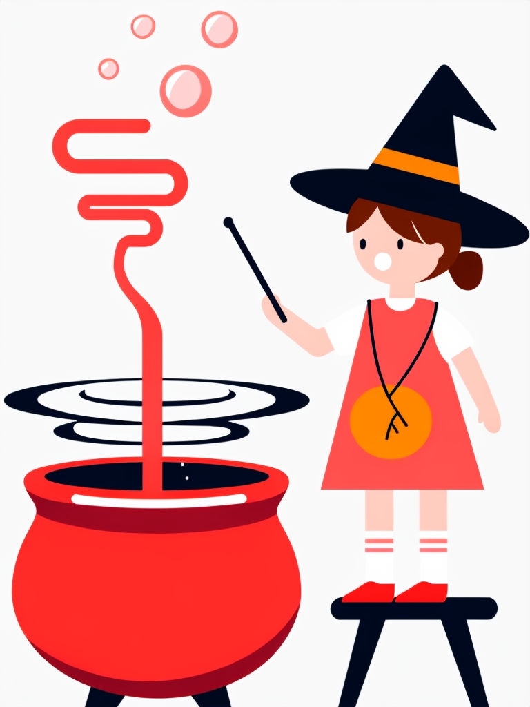 Whimsical Young Witch with Red Caldron Cartoon Illustration Art
