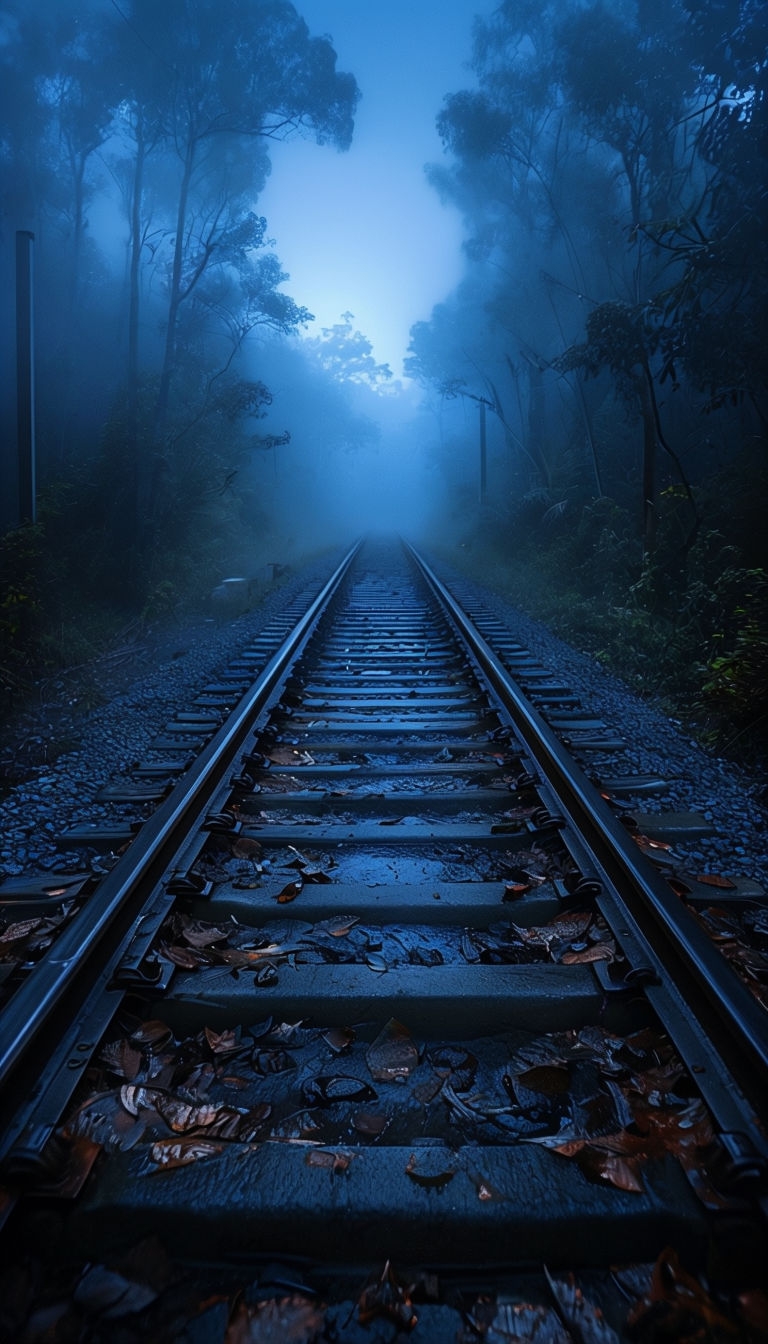 Misty Railway Tracks in a Forest at Dawn Mobile Wallpaper