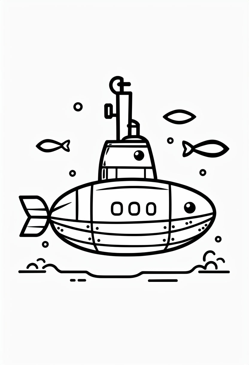 Cute Submarine Underwater Exploration Line Art Coloring Book Pages