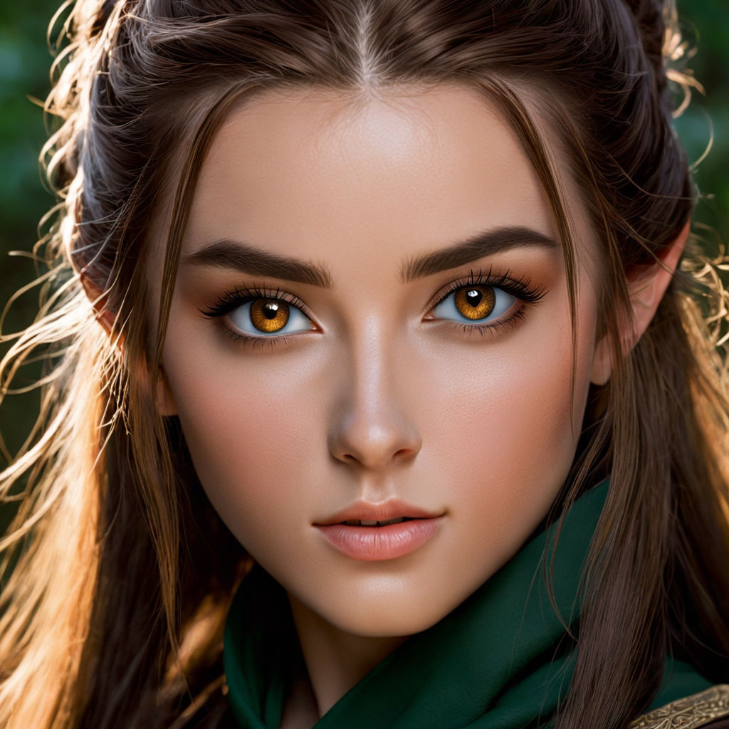 Brown haired green eyed elf girl looking at the camera