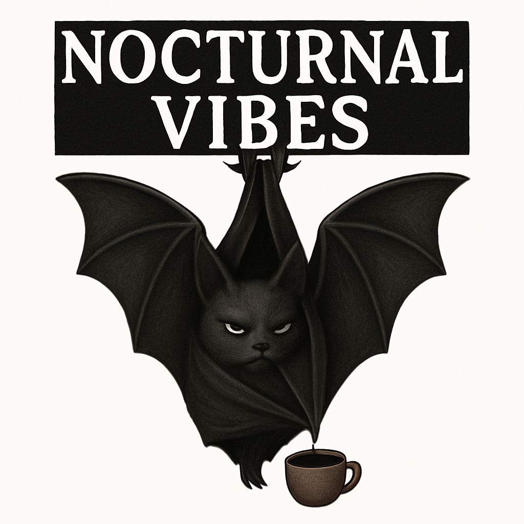 Nocturnal Vibes Black Bat Illustration with Coffee Mug