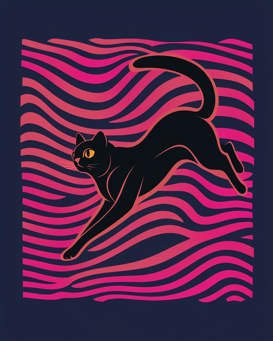 Dynamic Leaping Black Cat with Colorful Motion Stripes T-shirt