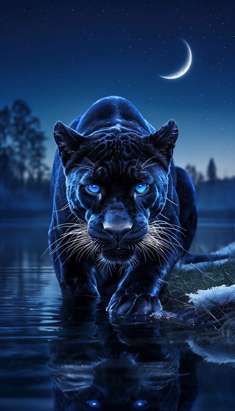 Mystical Black Panther with Blue Eyes Night Landscape Art