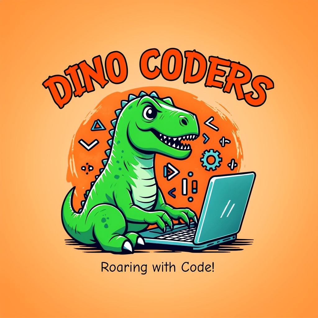 Vibrant Dino Coders Logo with Friendly Dinosaur Character