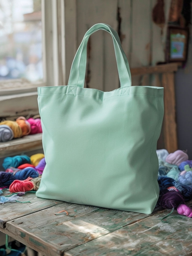 Pastel Mint Green Tote Bag Mockup on Wooden Table