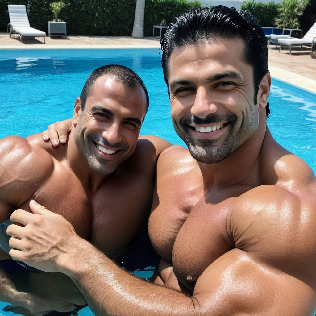 Handsome persian massive bodybuilder black hair smile in swi... by 858 ...