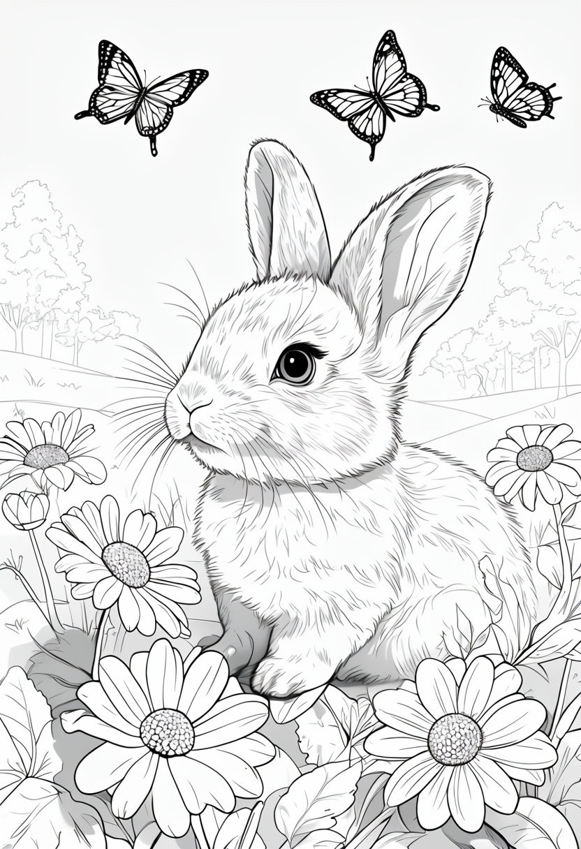 Whimsical Rabbit and Flower Coloring Book Page