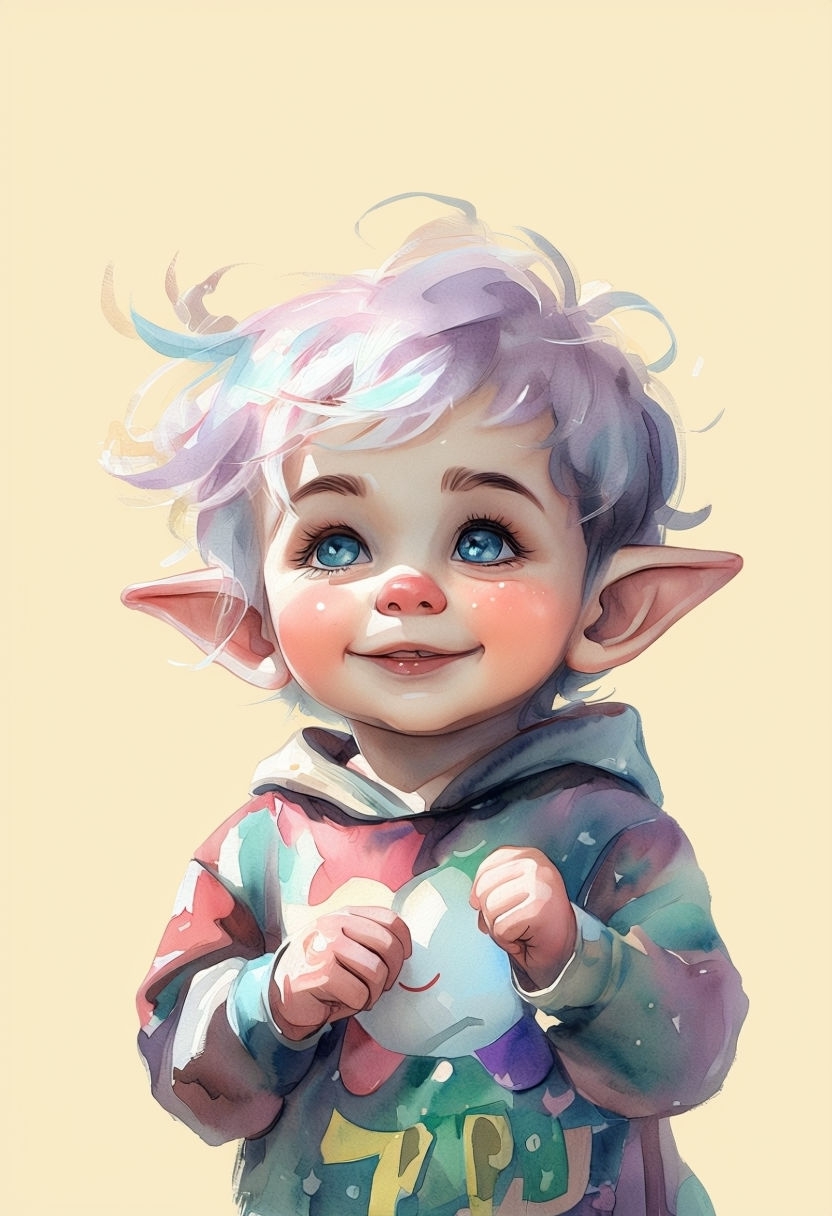 Adorable Kawaii Elf Blinky Watercolor Digital Painting Art