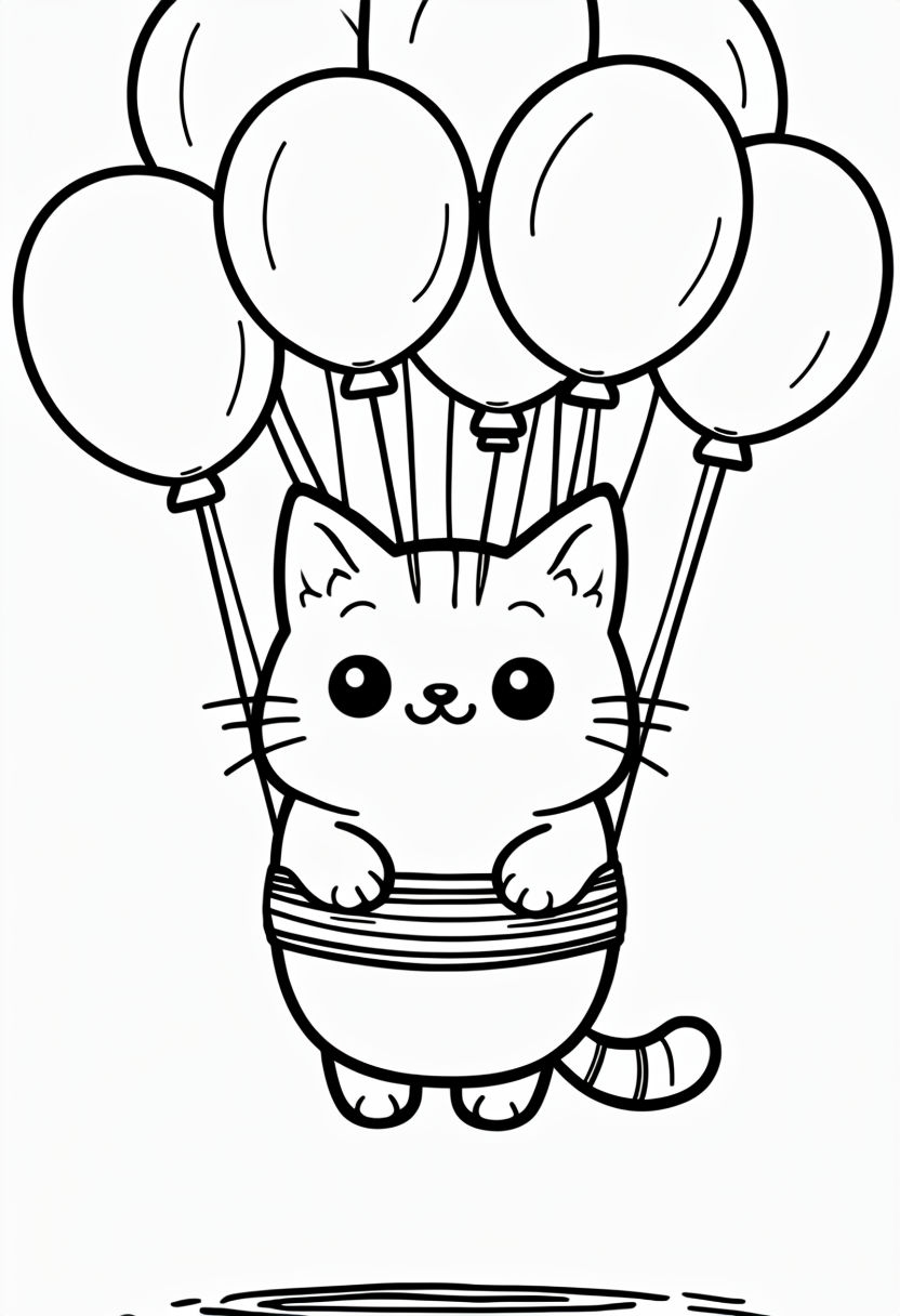 Cute Cat with Balloons Cartoon Illustration for Coloring Book Pages