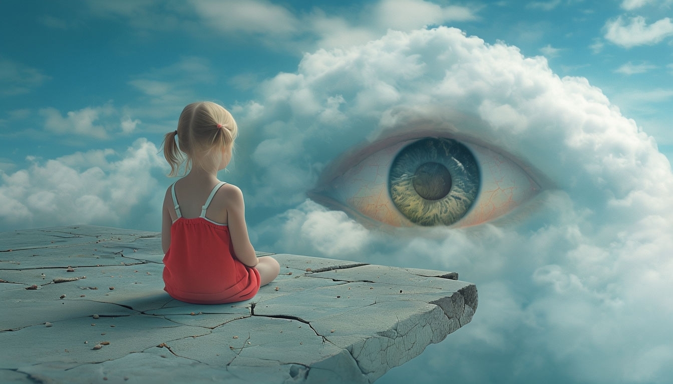 Surreal Dreamlike Girl Gazing at Giant Eye in Cloudy Sky Virtual Backgrounds
