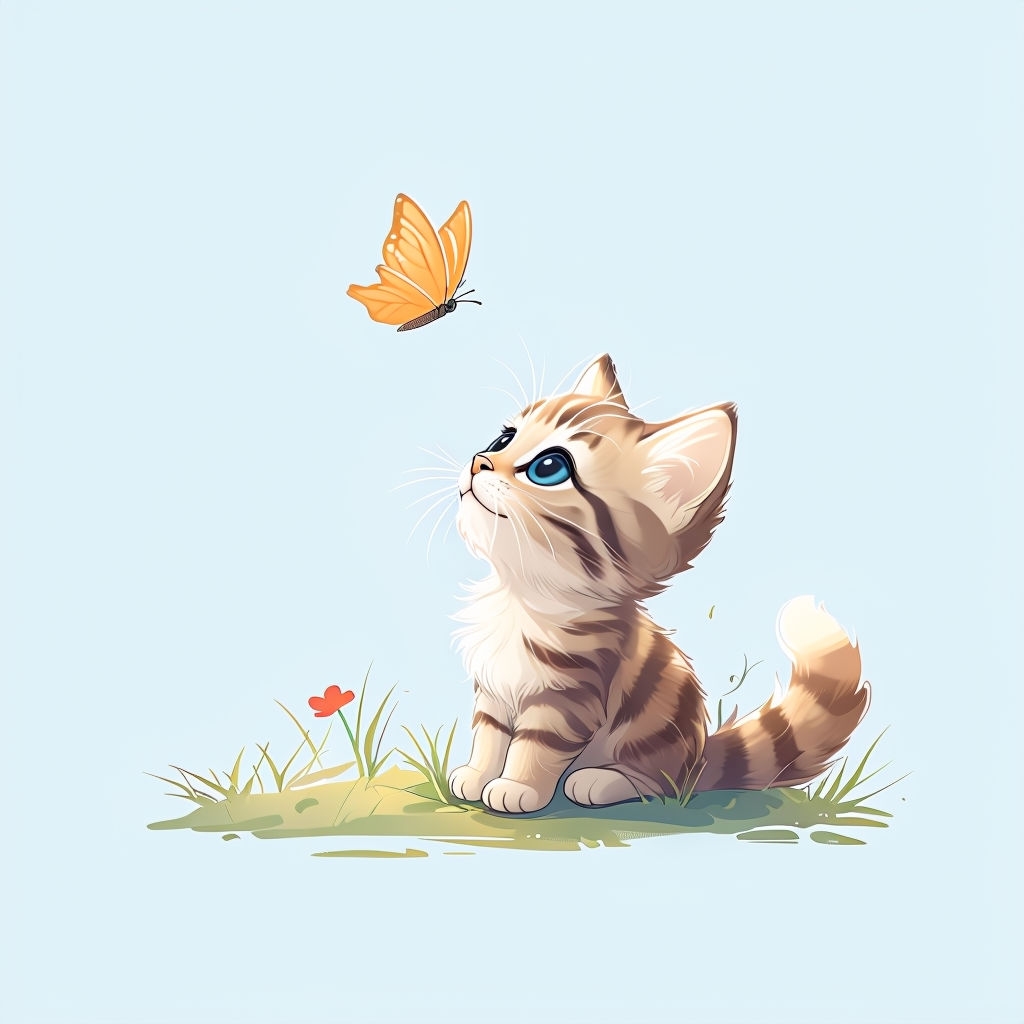 Adorable Kitten Gazing at Butterfly Cute Art Illustration