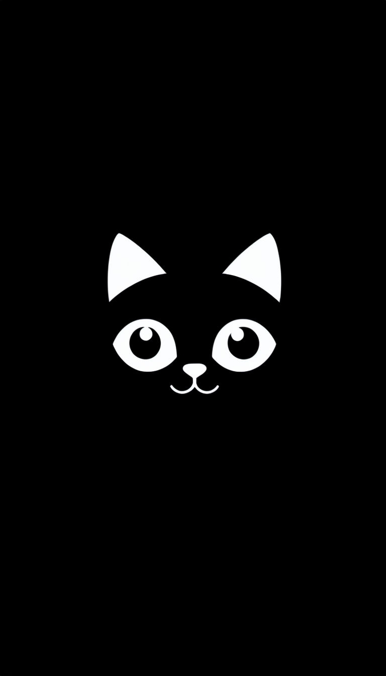 Minimalist White Cat Face on Black Background Mobile Wallpaper
