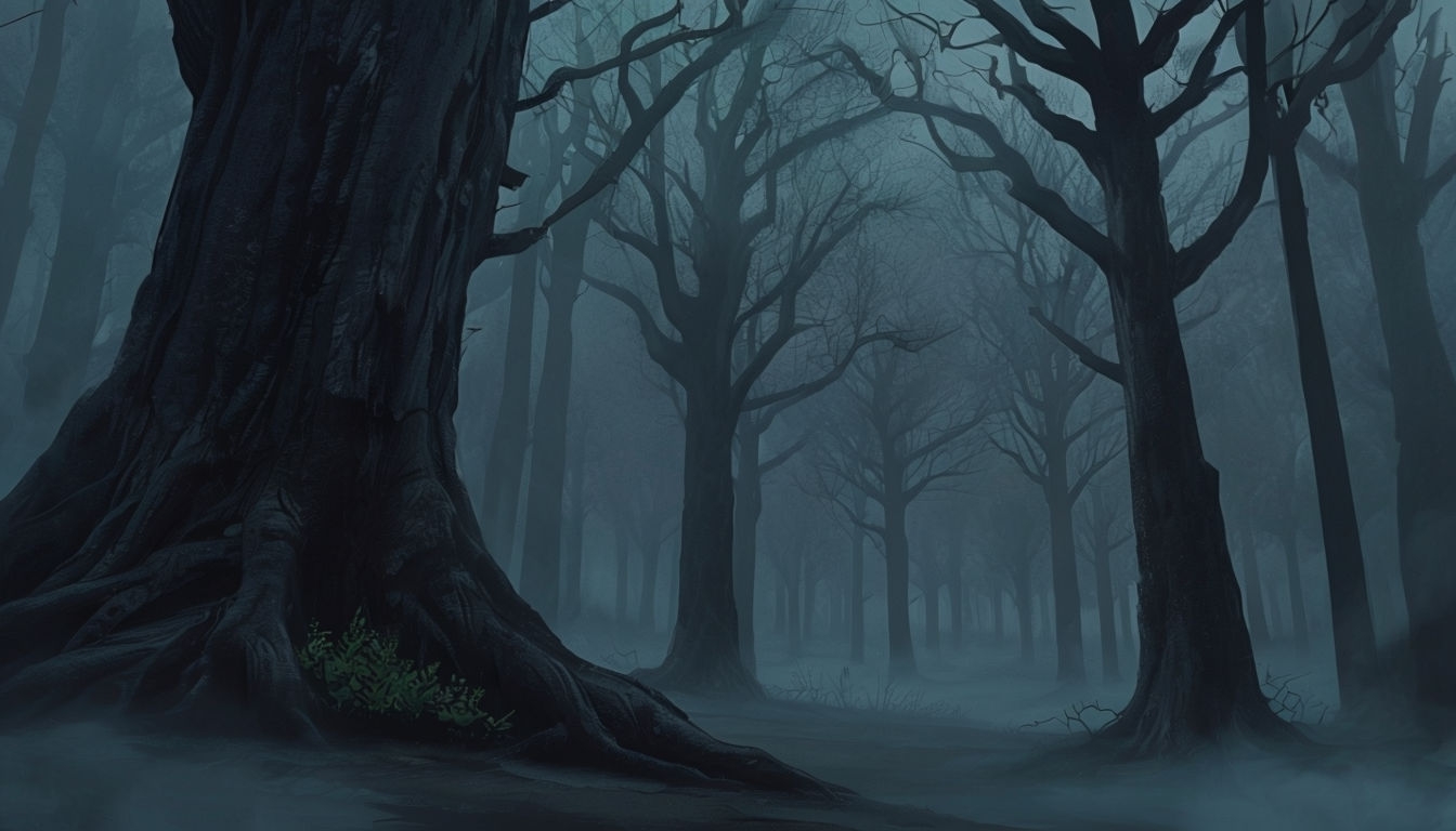 Eerie Nighttime Forest Scene with Fog Digital Background