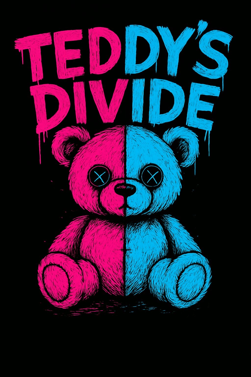 Edgy Teddy Bear Divide Art with Graffiti Style T-shirt
