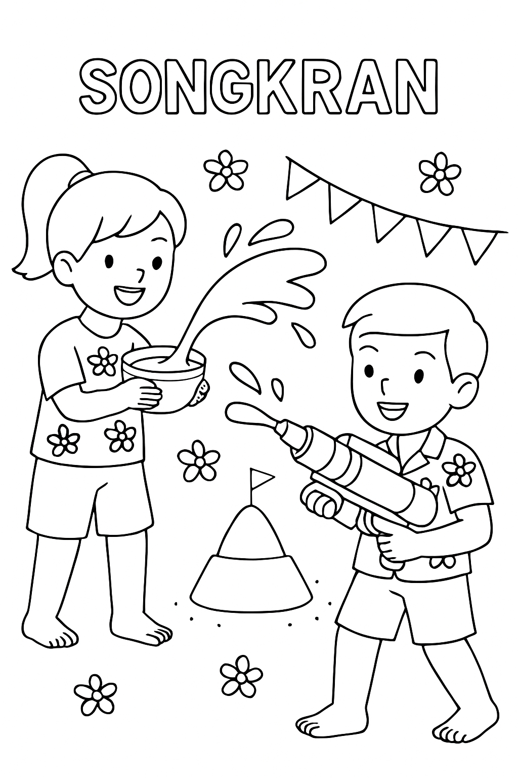 Joyful Songkran Celebration with Children Coloring Page