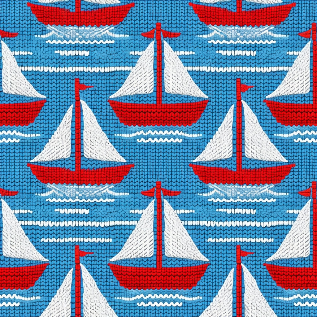 Vibrant Nautical Sailboats Knit Pattern in Red and Sky Blue Seamless Pattern